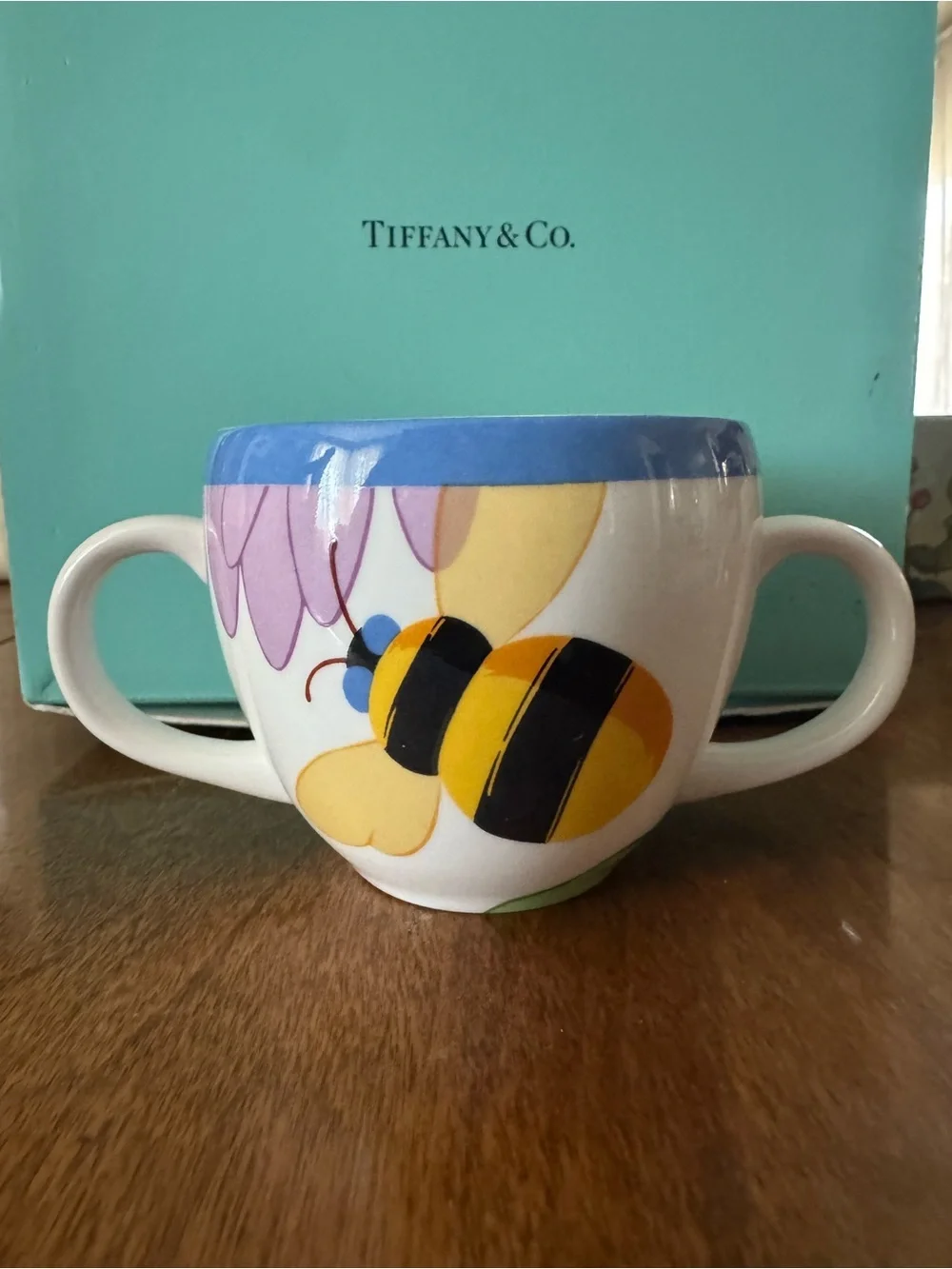 Tiffany & Co. Blue-Trim Bee and Floral Ceramic Tea Cup, Bowl & Plate Set